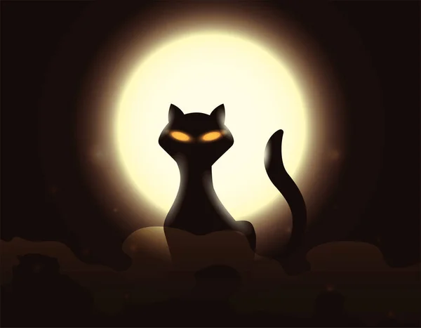 Diseño Oscuro Con Silueta Gato Negro Con Ojos Brillantes Una — Vector de stock