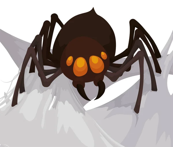 Brown Spider Orange Eyes Extensive Cobweb White Background — Stock Vector