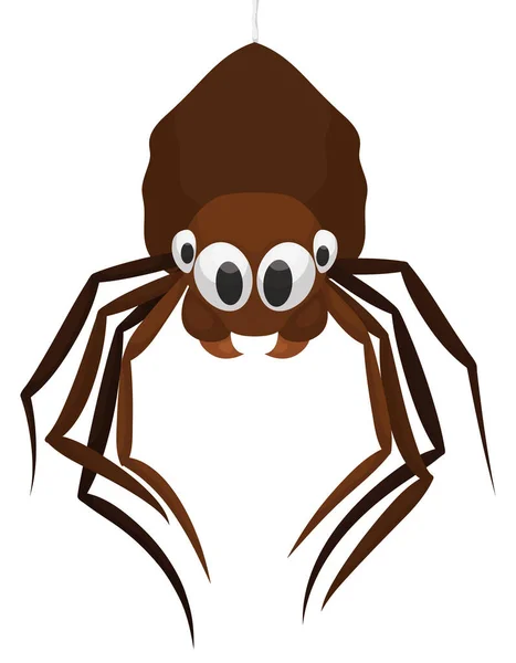 茶色の体を持つ漫画のクモは 白い背景に隔離された絹の糸をぶら下げて — ストックベクタ