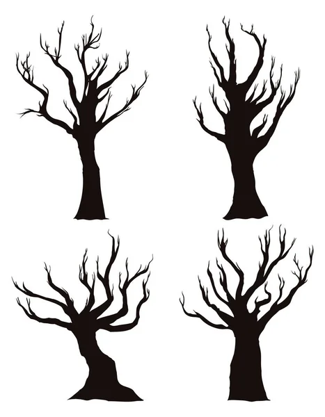 Ensemble Avec Des Silhouettes Sombres Quatre Arbres Secs Sur Fond — Image vectorielle