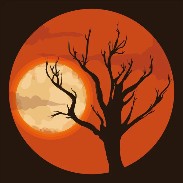 Kulaté Tlačítko Odumřelou Siluetou Stromu Oranžová Obloha Úplněk Mraky — Stockový vektor