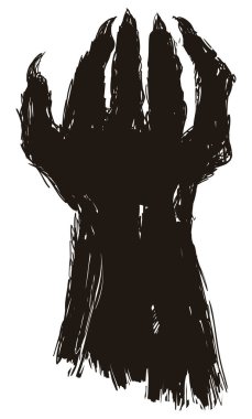 Güçlü kurt adam siyah silueti el ele çizilmiş stil ve fırça darbeleri, beyaz arka plan üzerinde.