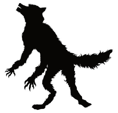 Kurt adam, kürklü ve büyük pençeli karanlık bir siluet. Ay 'a bakıp uluyor..