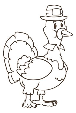 Mutlu hindi ile geçmişe dönük tasarım, beyaz arka planda şapka ve yakalı bir hacı kostümü giyiyor..