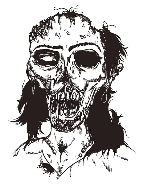 Vrouwelijke Zombie Portret Met Rotte Huid Elegante Oorbellen Gebroken Ketting — Stockvector