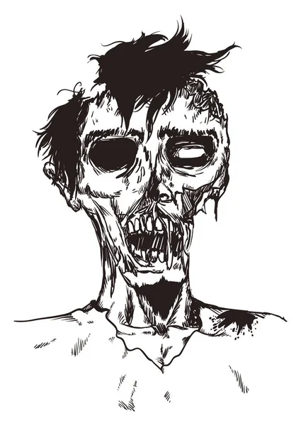 Mężczyzna Zombie Portret Zgniłym Ugryziony Twarz Ręcznie Rysowane Stylu Białym — Wektor stockowy