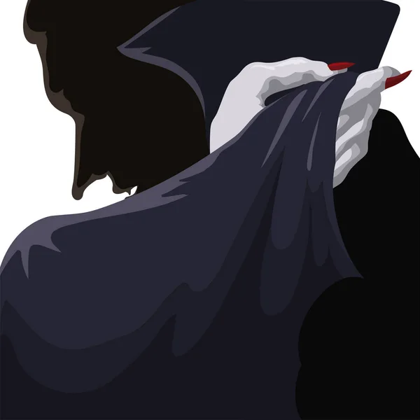 白い背景の上に手と暗いケープで覆われたエレガントな吸血鬼のシルエット — ストックベクタ