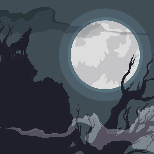 Spookachtige Nacht Een Bos Met Mist Wolf Huilend Naar Volle — Stockvector