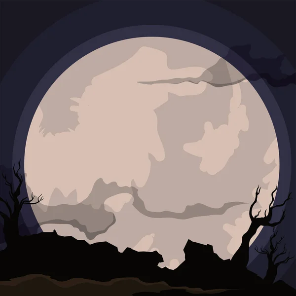 Escena Nocturna Con Luna Llena Brillando Sobre Bosque Oscuro Con — Vector de stock