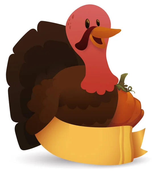 Happy Turkey Met Pompoen Achter Een Lint Met Lege Ruimte — Stockvector