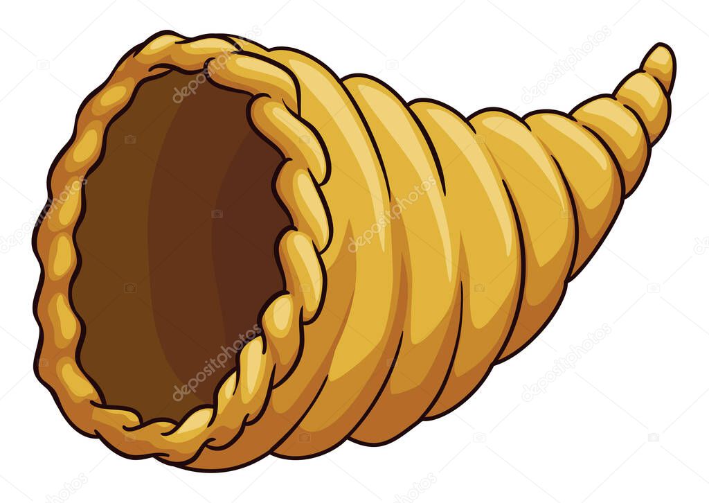 Hollow cornucopia or horn of plenty in cartoon style with outlines, isolated over white background,