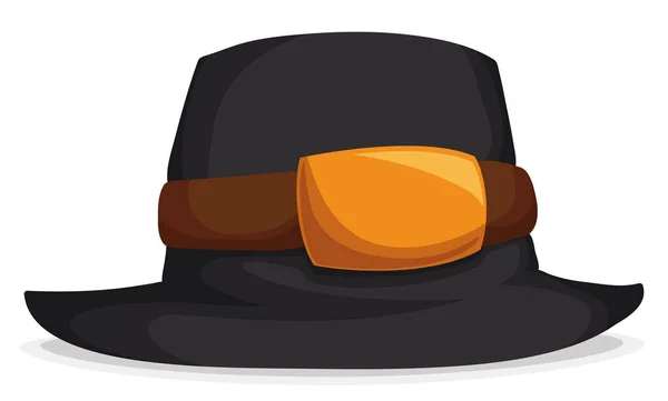 Chapeau Pèlerin Noir Avec Bande Cuir Seau Doré Style Dessin — Image vectorielle