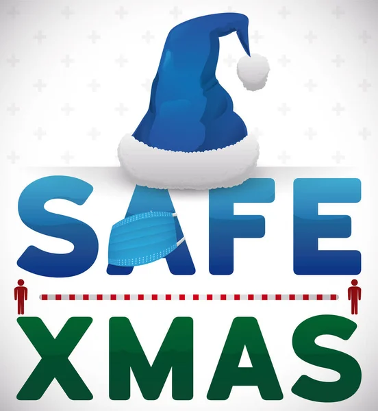 青いサンタの帽子と半分のマスクがサインオーバーし クリスマス休暇中の安全な距離を促進する季節のデザイン — ストックベクタ