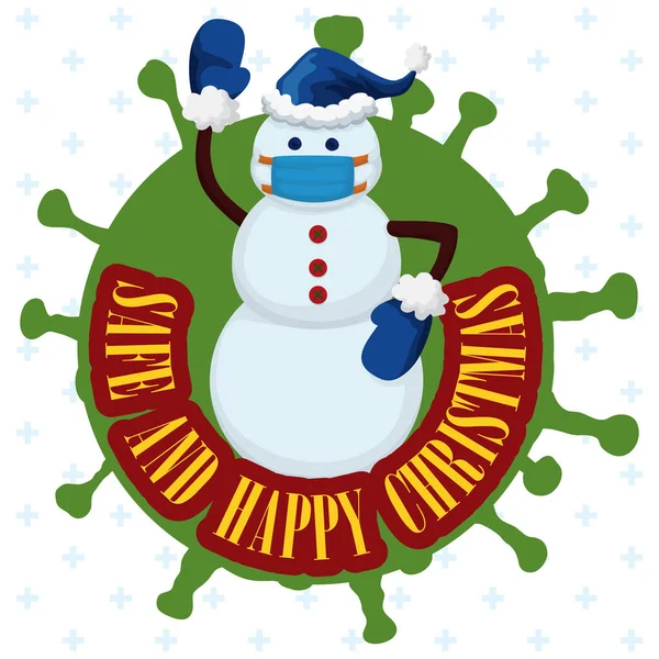 青いハーフマスク サンタの帽子と手袋があなたを敬礼し クリスマスのお祝い中にCovid 19に対する安全対策を促進する雪だるま — ストックベクタ