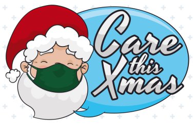 Noel Baba koruyucu bir yarı maske takıyor ve konuşma balonu gibi imzalıyor. COVID-19 salgını sırasında Xmas kutlamalarında tedaviyi teşvik ediyor..