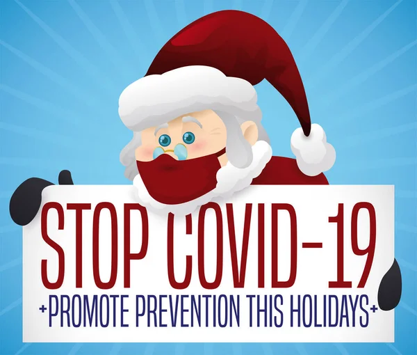 クリスマスと休日の季節の間にCovid 19に対する予防を促進し 意識の兆候を持つかわいいサンタクロース — ストックベクタ