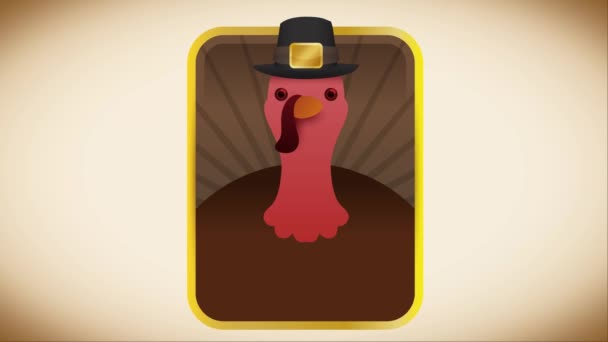 金色のボタンとグリーティングリボンに巡礼者の帽子をかぶって感謝祭の七面鳥 ビデオアニメ4K — ストック動画