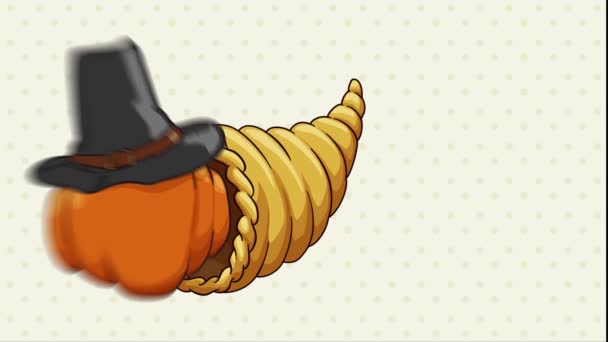 Cornucopia Pumpkin Pilgrim Hat Thanksgiving Message Red Ribbon Video Animated — Stock Video