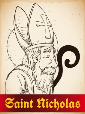 Kurdele ve parşömen. Eski Aziz Niklas çizimi. Personelini denizcilerin, tüccarların, çocukların ve daha fazlasının patronu olarak tutuyor..