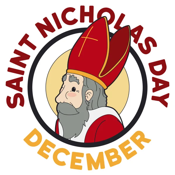 Botón Con Lindo Ruborizado San Nicolás Celebrando Día Conmemorativo Diciembre — Archivo Imágenes Vectoriales