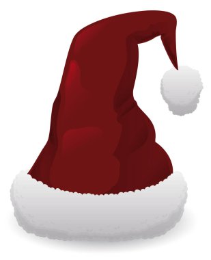 Beyaz arka planda izole edilmiş, pofuduk ponponlu gerçekçi Noel Baba şapkası..