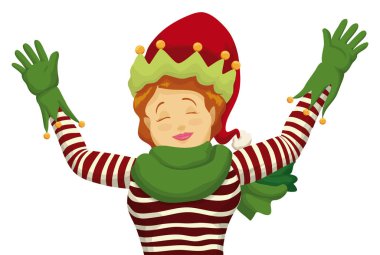 Gülümseyen kadın Noel Baba 'nın yardımcısı uzun şapkalı, zilli, çizgili elbiseli, atkı ve eldivenli.