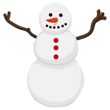 Kollar gibi dalları olan basit bir kardan adam, düğmeli bir gülümseme ve kış mevsimi için havuç gibi bir burun, beyaz arka planda izole edilmiş..