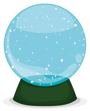 Boş ve çalkalanmış kar küresi, kar yağışı ile süslenmiş, yeşil dış tabanlı, beyaz arka planda izole edilmiş..