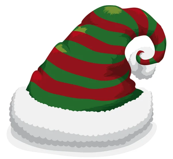 Striped Santa Hat Green Red Colors Fluffy Pompom Isolated White — Stock Vector