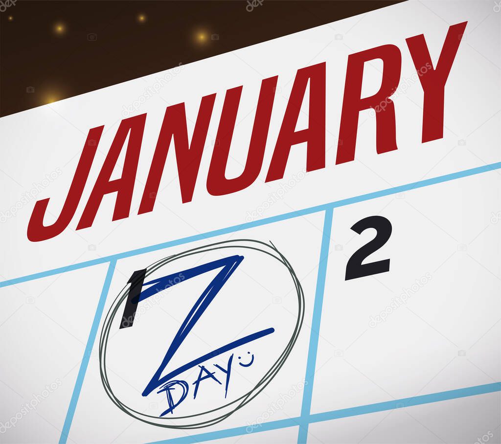 Calendar view with reminder handwritten sign for Z Day: January 1.