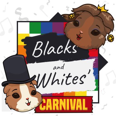 Cute Pericles Carnaval and Queen as guinea pigs over colorful 'wiphala' flag and confetti shower, promoting the Colombian Blacks and Whites' Carnival. clipart