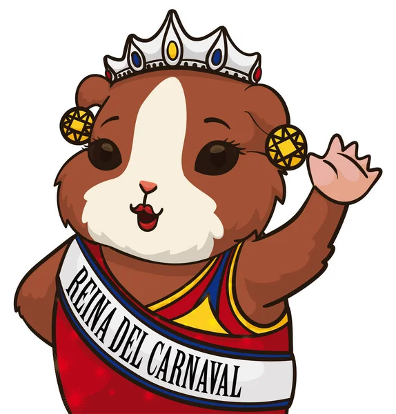 Lindo Conejillo Indias Disfrazado Reina Del Carnaval Textos Escritos Español — Vector de stock