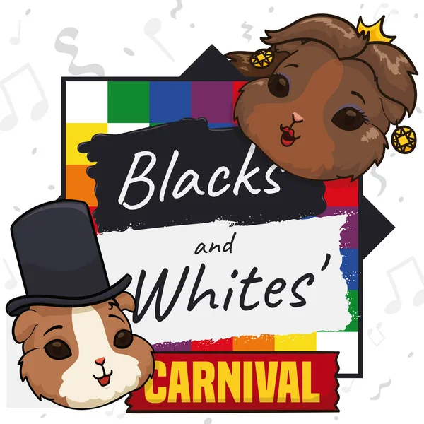 在五颜六色的 Wiphala 国旗和彩礼淋浴间 卡纳普斯和皇后像豚鼠一样可爱 宣传哥伦比亚黑人和白人的狂欢节 — 图库矢量图片