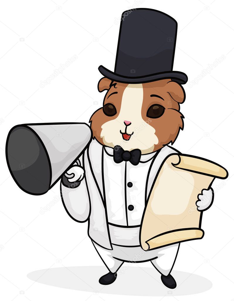 Cute guinea pig with elegant attire: top hat, white tuxedo, megaphone and scroll promoting Blacks and Whites' Carnival in Pasto, Colombia.
