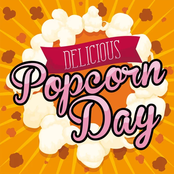 Lahodný Popcorn Věnec Pozdrav Stuhou Podepsat Propagaci Popcorn Day Oslavu — Stockový vektor