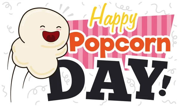 Usmívající Prasklé Jádro Párty Konfety Stuhami Propagující Šťastný Popcorn Day — Stockový vektor