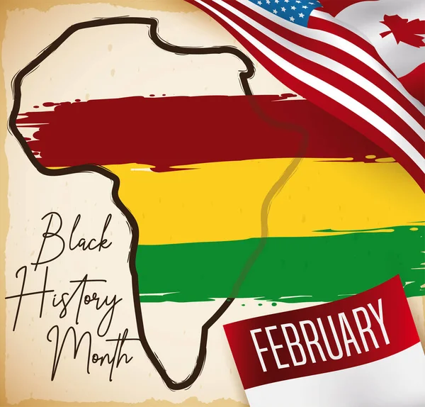 アフリカ地図でスクロールし アフリカの色 カナダとアメリカの国旗とブラシストロークし 2月に黒の歴史月間を祝うためにカレンダーを思い出させる — ストックベクタ