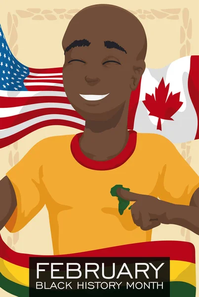 Joyeux Homme Brune Souriant Avec Des Drapeaux Africains Américains Canadiens — Image vectorielle