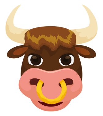 Kahverengi saçlı, büyük boynuzlu, altın burunlu, beyaz arka planda izole edilmiş mutlu bir öküz..