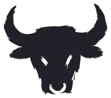 Siyah fırça darbeleriyle burun halkası takmış, beyaz arka planda izole edilmiş öküz ya da boğa kafası..