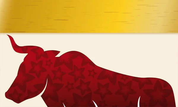 Шаблон Силуэтом Красного Окса Цветочном Фоне Золотой Этикеткой — стоковый вектор