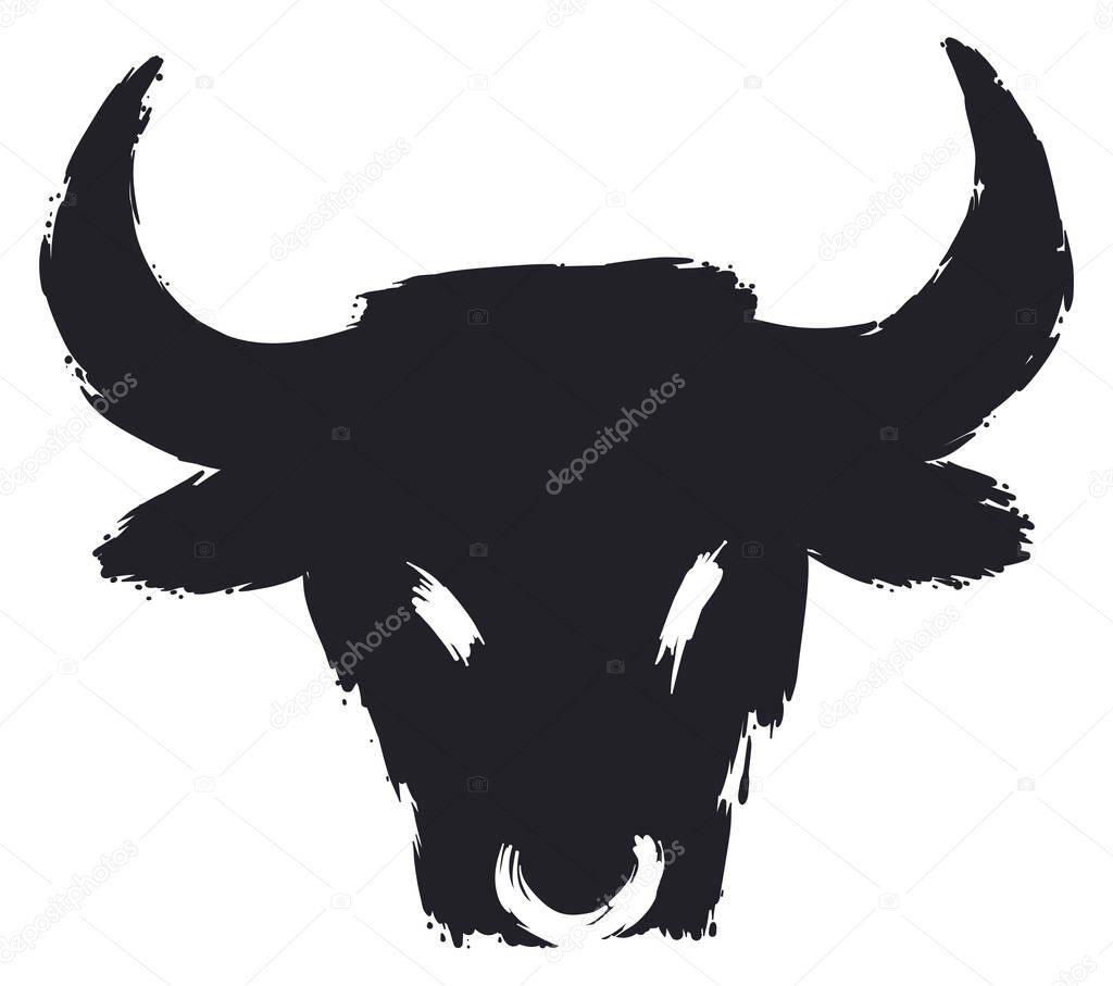 Ox or bull head with nose ring in black brush strokes, isolated over white background.