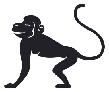 İnce bir maymunun silueti uzun kuyruklu ve kapalı gözlü, beyaz arka planda izole edilmiş..