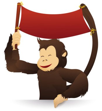 Gülen maymun boş bir afiş şablonu tutuyor kuyruğu ve sopasıyla, beyaz arka planda izole edilmiş..