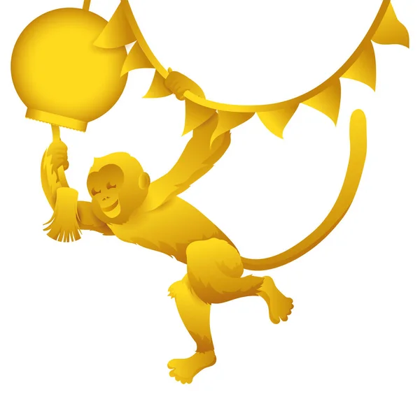 Diseño Dorado Con Divertido Mono Colgando Una Linterna Papel Banderín — Vector de stock