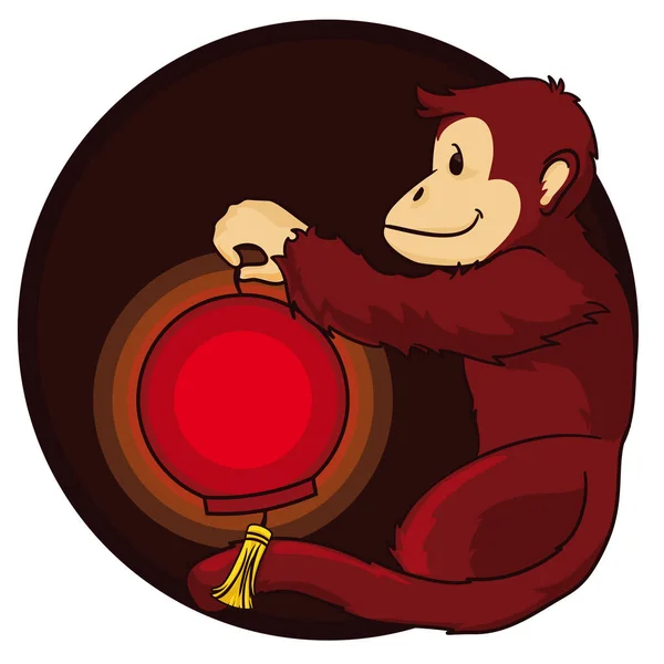Χαριτωμένο Γούνινο Πίθηκο Κρατώντας Ένα Λαμπερό Στρογγυλεμένο Χάρτινο Φανάρι Κρόσσια — Διανυσματικό Αρχείο
