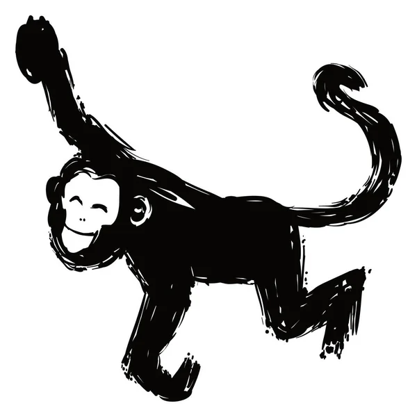 筆致と黒絵で 腕と尾にぶら下がって面白い猿と手描きのデザイン — ストックベクタ
