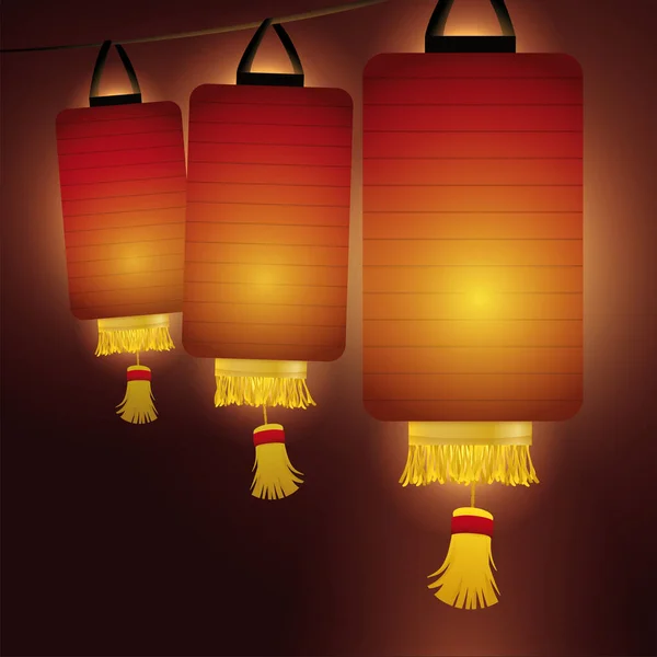 Lanternas Chinesas Com Formas Cilíndricas Decoradas Com Franjas Iluminando Noite — Vetor de Stock