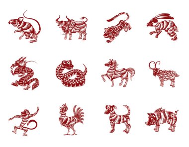 12 Çin Zodiac hayvanının siluetleri, çizgiler, çiçekler, kırmızı ve beyaz renkler: fare; öküz, kaplan, tavşan, yılan, at, keçi, maymun, horoz, köpek ve domuz.
