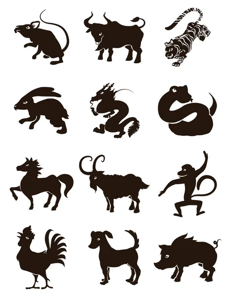 Silhuetas Pretas Representando Doze Animais Zodíaco Chinês Boi Tigre Coelho —  Vetores de Stock